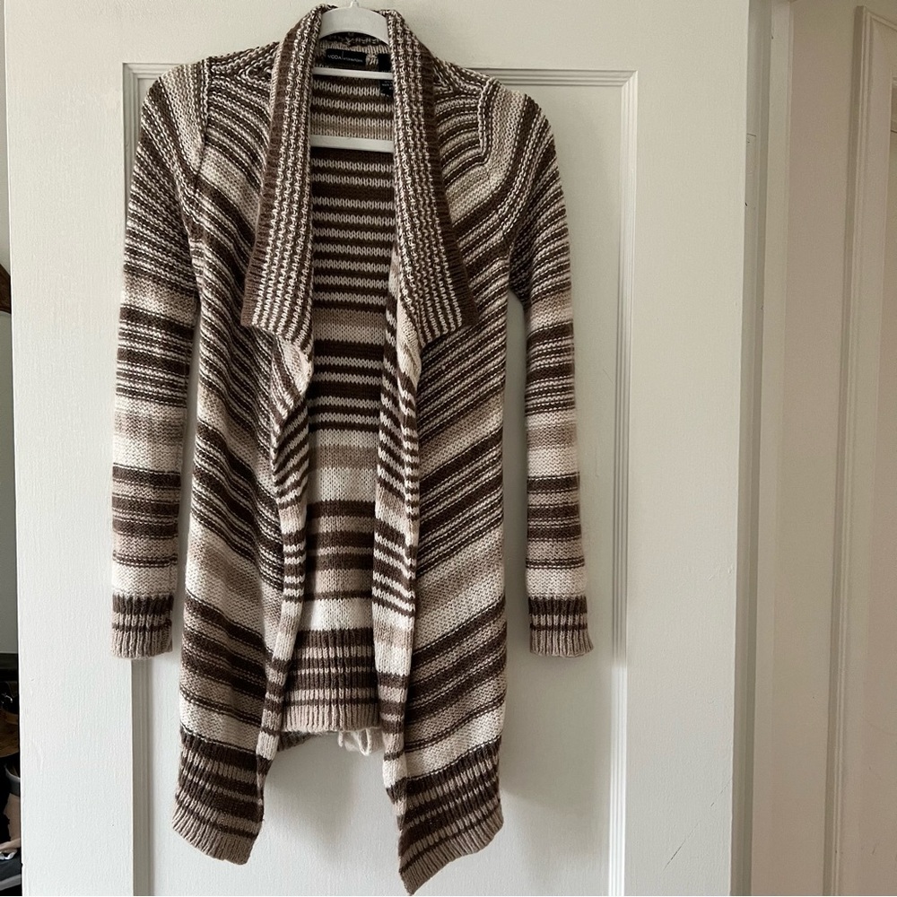 Moda International Brown Tan Stripe Cascade Waterfall  Belted Sweater Cardigan